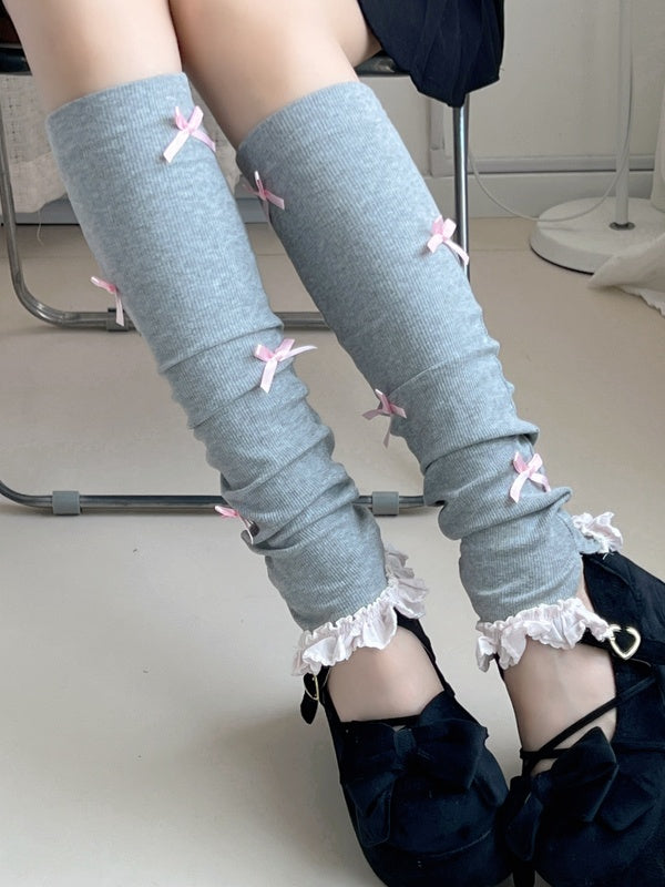 Dark Grey Blokette Bowknot Ruffled Cuff Leg Warmers
