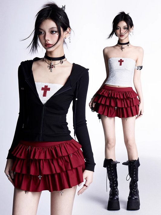 Strapless Top/Red Cross Tiered Skirt Gothic Red Cross Applique White Cropped Charms