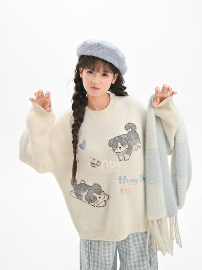 White Cute Puppies Pattern Round Neck Loose Sweater