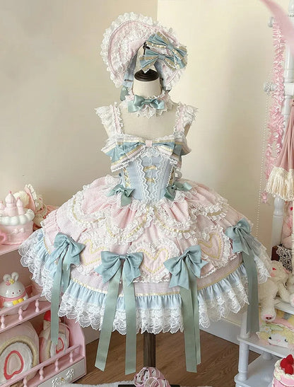 Mint Green Bows Pink and Blue Sweet Lolita Corset Dress with Choker