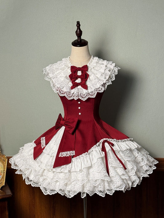 Robe Lolita sans manches en tissu rayé rouge, coupe ajustée, col à volants superposés