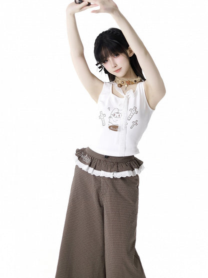 with Self-tie Strap White Cat Print Tank Top Neckline