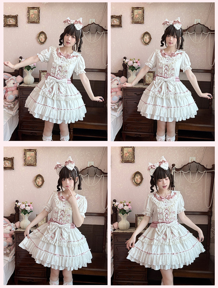 Hime Pink and Peter Pan Collar Tiered Skirt Balletcore Lolita Dress White OP