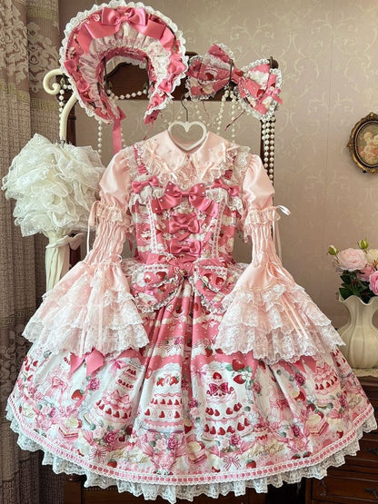 Sweet and Set Strawberry Desserts Pink Full JSK Print / Lolita