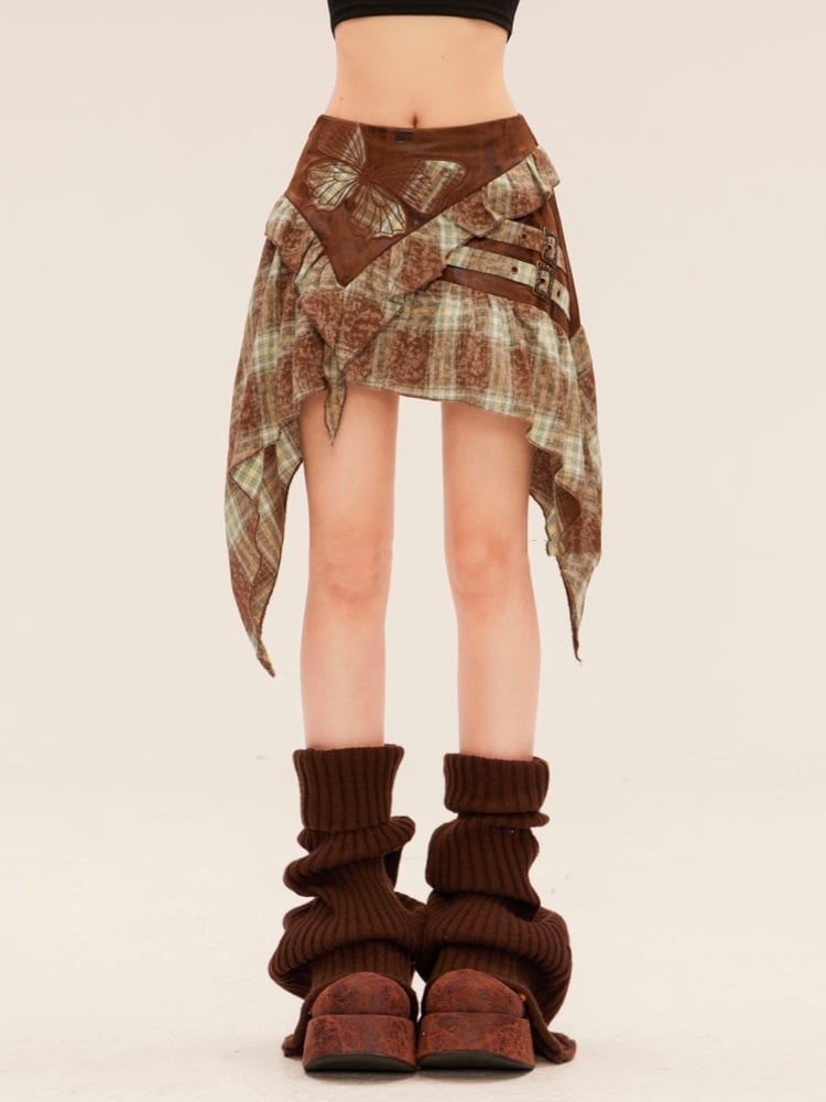 Butterfly Applique Handkerchief Hem Green Plaid Skirt