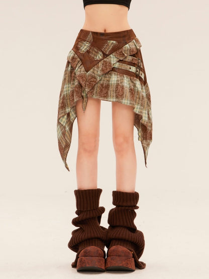 Butterfly Applique Handkerchief Hem Green Plaid Skirt