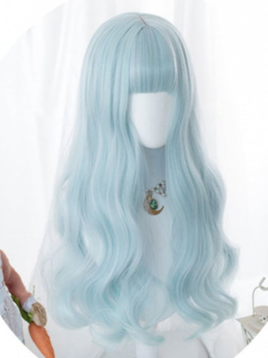 Light Blue 60CM Under Bust Length Wavy Wig With Bangs