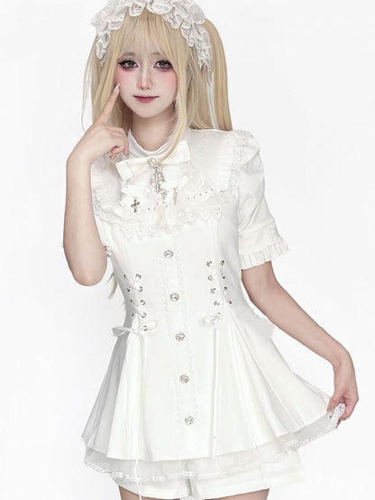Bow Short Tie Bib Detachable Kei with Dress All-White Jirai Set Sleeve