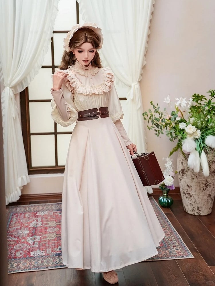 Long-Sleeve Ruffled Beige Classic Dress Elegant Waist Lolita High