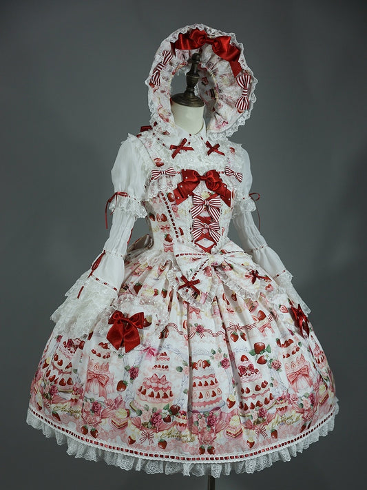 Sweet Bow JSK Full Lolita Accents Print / White Desserts and Set Strawberry