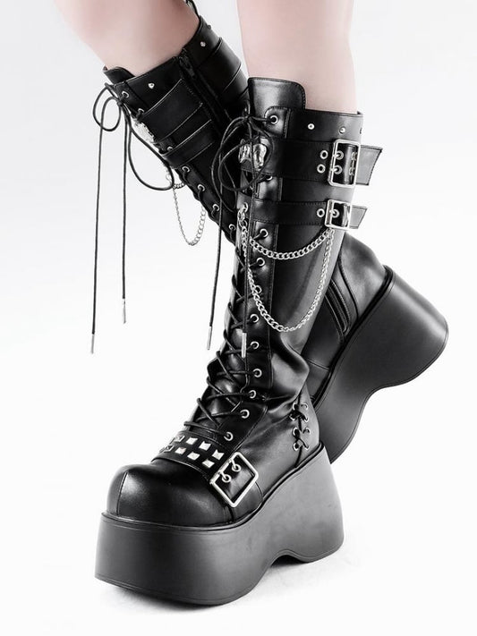 Bone-shaped Metal Plates Matte Black Punk Wedge Platform Knee-high Boots