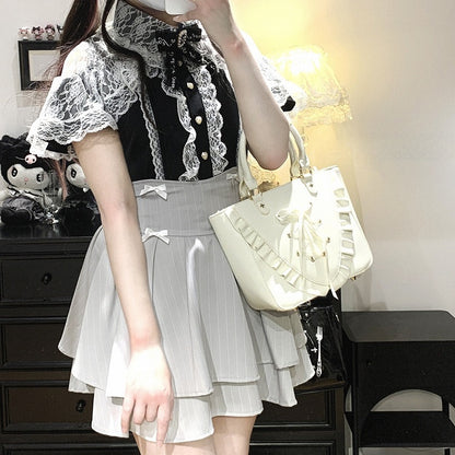 Jirai Kei Black/Blue/White Cutout Shoulder Cape Design Lace Blouse