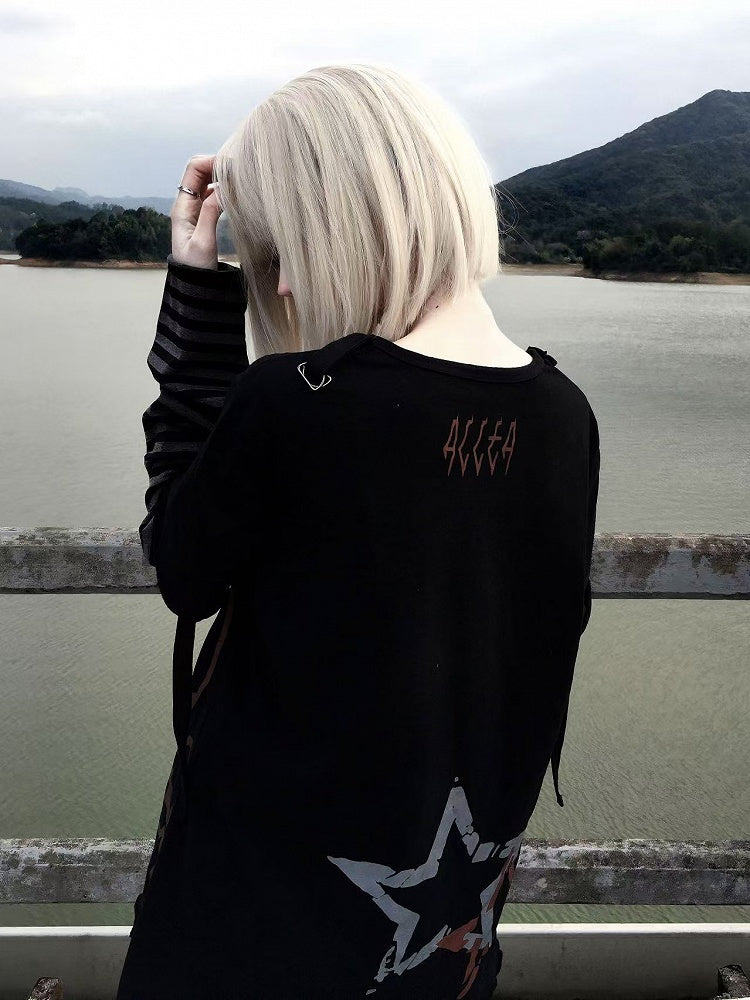Star Print Punk Rock Black Skeleton Cotton Two-pieces and Top Faux