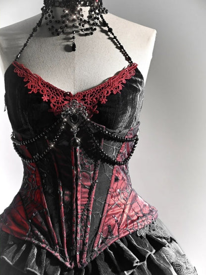 Goth Spiderweb Lace Wine Red Vampire Boned Corset