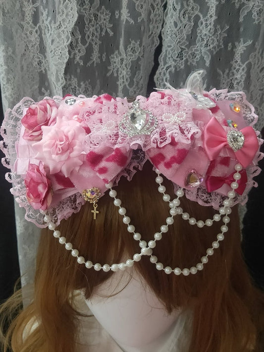 Leopard Design Charm Pattern Lace Bowknot Trim Pink Beaded Hairclip Floral Rhinestone Decorated