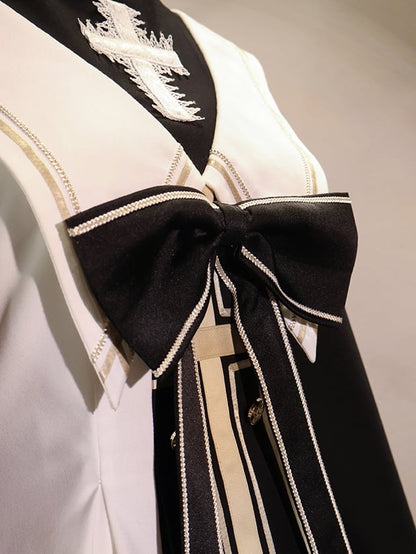 White and Black Nun Lolita Dress Full Set-Bell Sleeves Nun Dress + White Cape + Black Bow Accessory