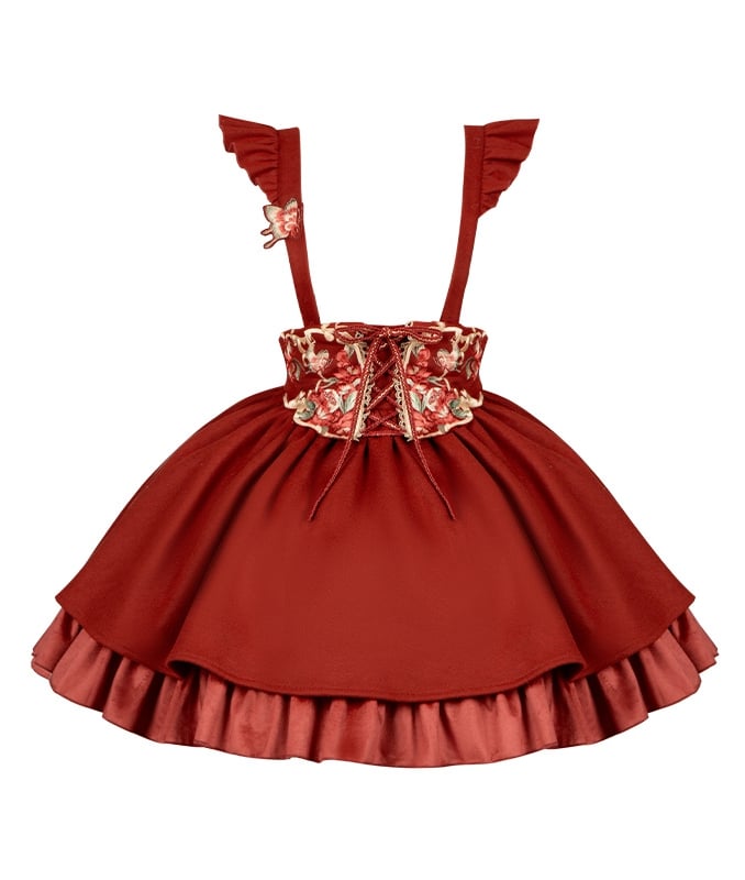 Red New Year Short Version Butterfly and Floral Embroidery Lolita Skirt Full Set