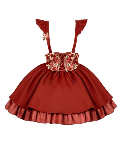 Jupe Lolita Rouge Nouvel An Courte Version Papillon et Broderie Florale Ensemble Complet