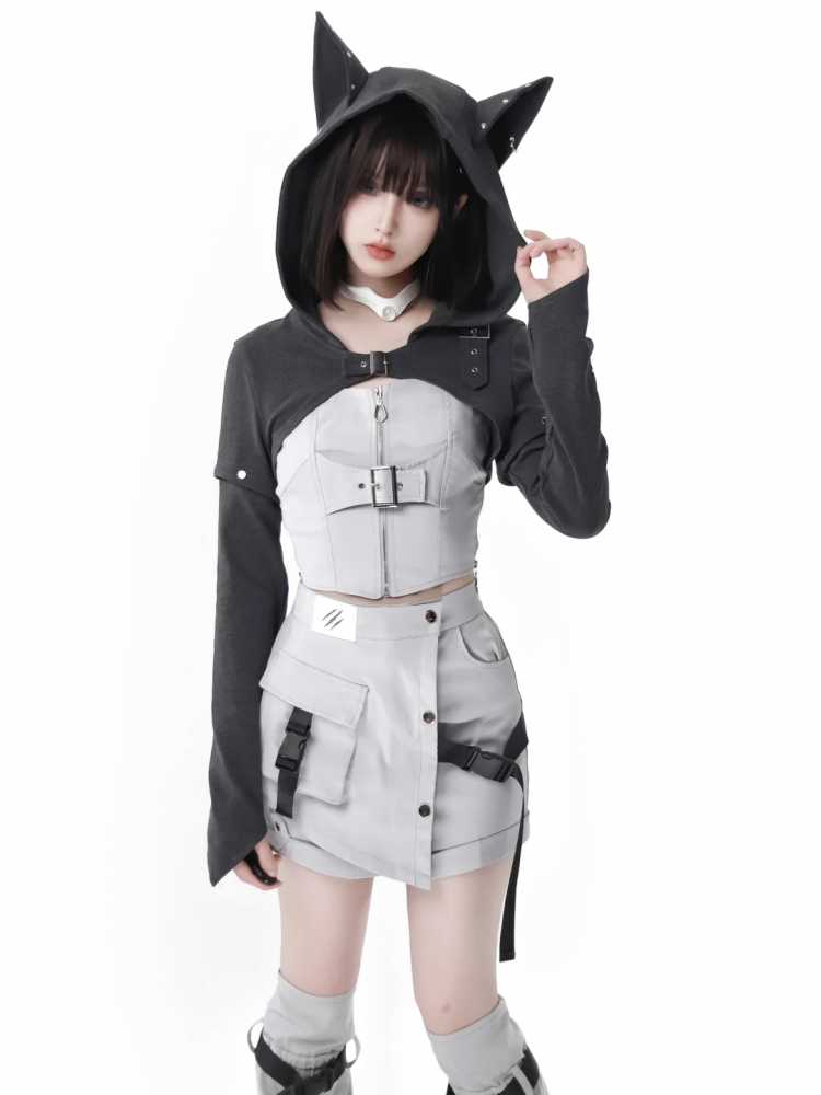 Dark Gray Wolf Ears Hooded Cropped Top