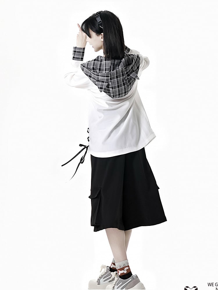 Wide-Leg Shorts with Lace-up Detail Waist Black/Plaid Elastic