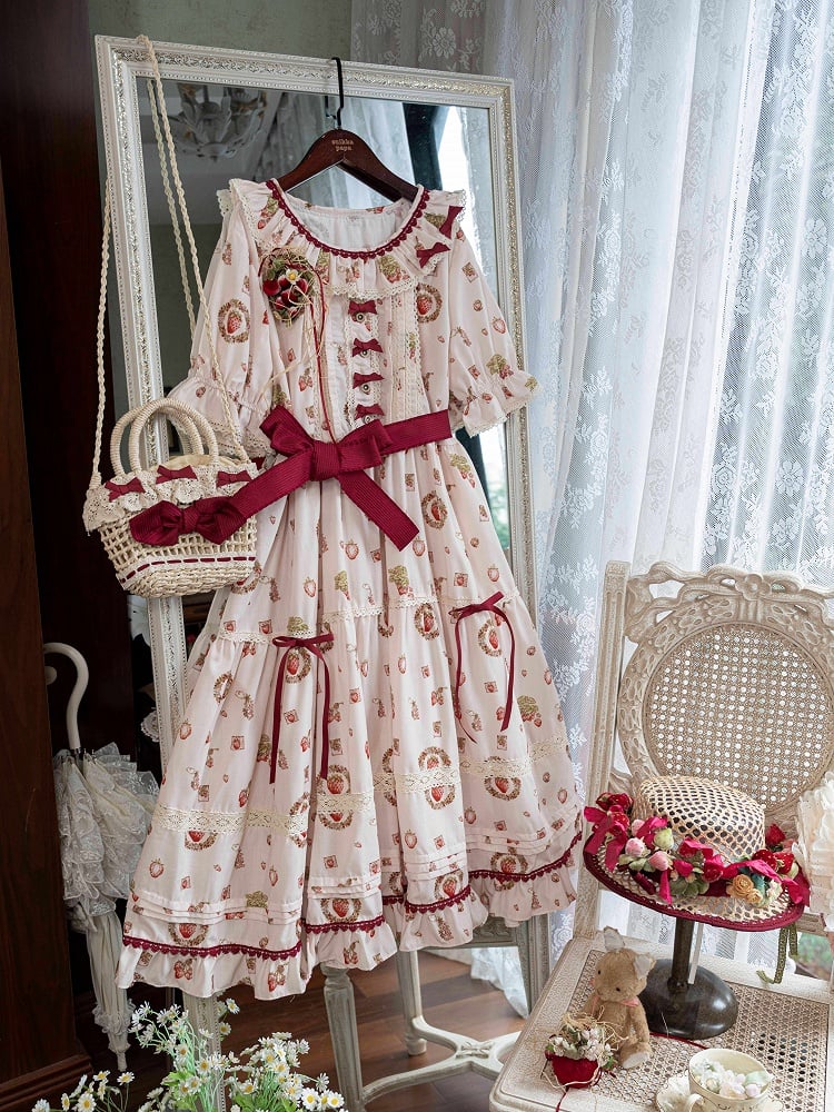 Strawberry Print Pink House Beige Short Sleeves Lolita Dress