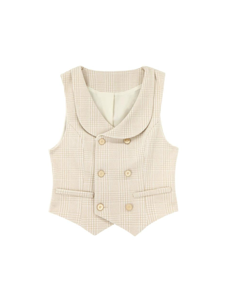 Gilet à carreaux évasé rétro + chemisier à carreaux jupe