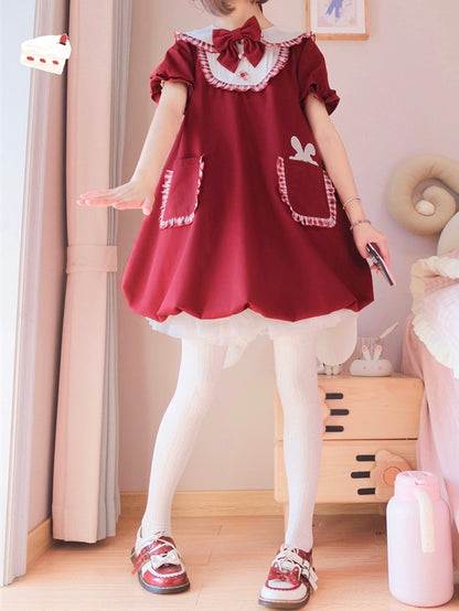 Wine Red Bunny Ears Peter Pan Collar Bubble Skirt Dress