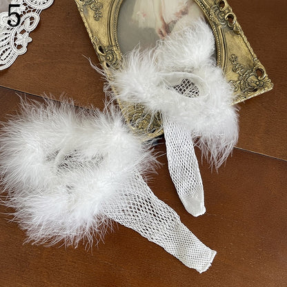 Lace Stockings/Floral Pattern Trims Socks/Lace Tulle Hollow-out Underknee White Socks Fishnet Stockings/Feather