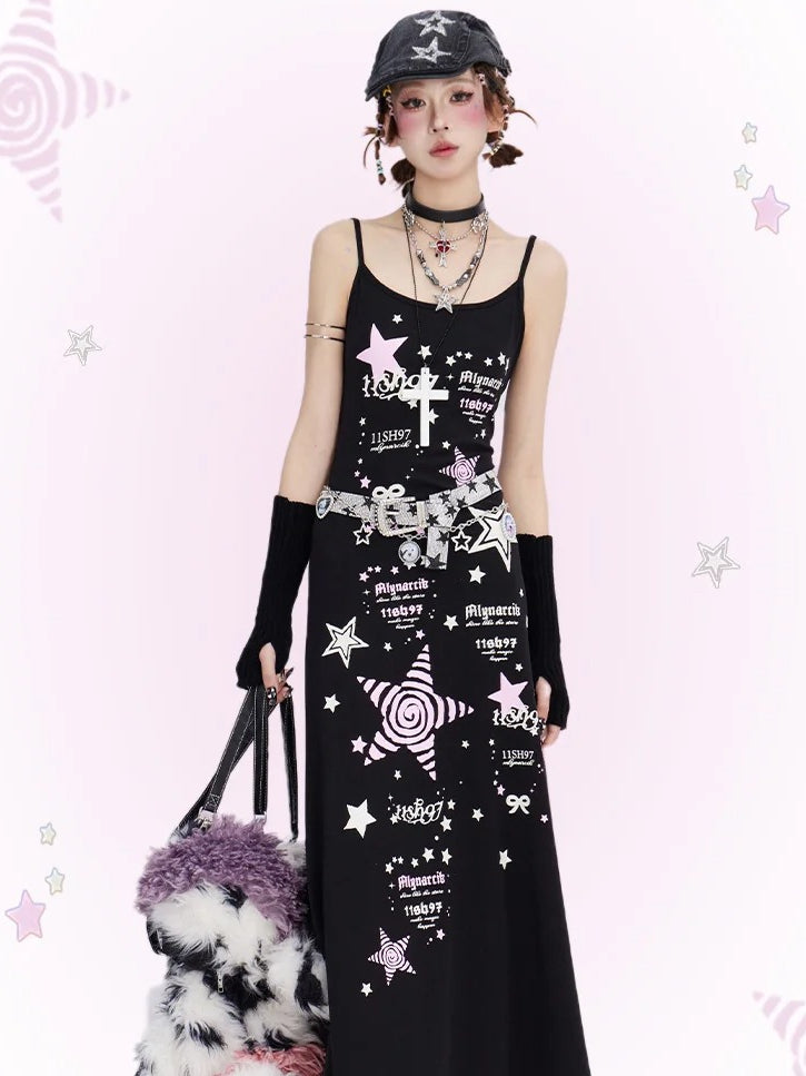 Black Y2K Stars Tea Length Cami Dress