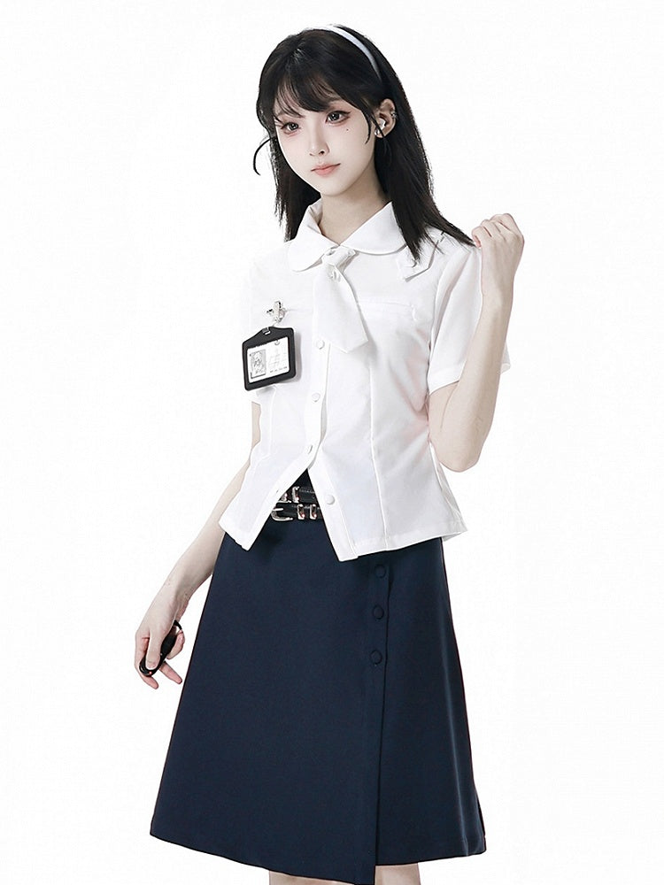 White Peter Pan Collar Short Sleeve Shirt Tie and Holder Card with