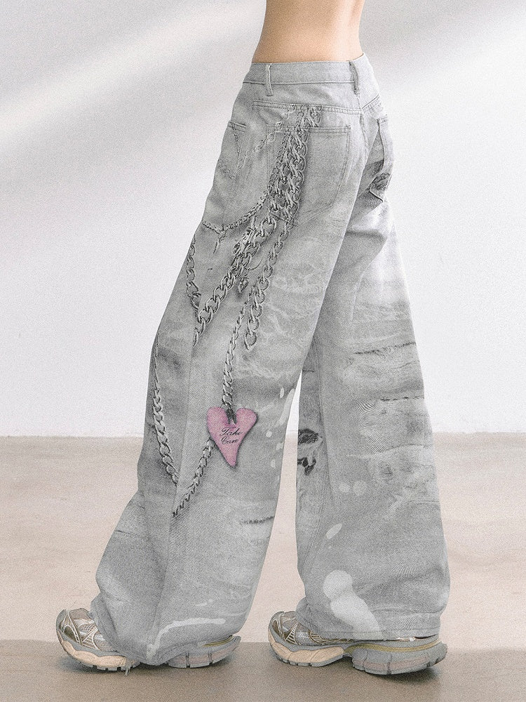 Light Gray Low Rise Chain Print Distressed Wide-leg Jeans