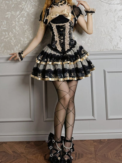 Print Puff Short Gold Dress Corset Bunny Lolita and Black Kitty Sleeves