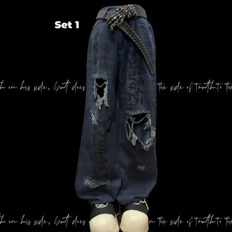Raw Hem Punk Jeans Blue Distressed Holes