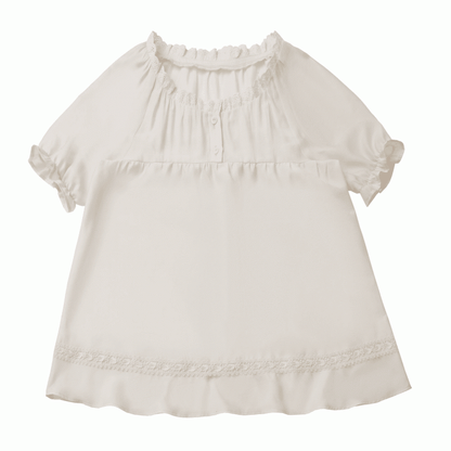 Beige Lace Trim Short Sleeves Semi-sheer Blouse