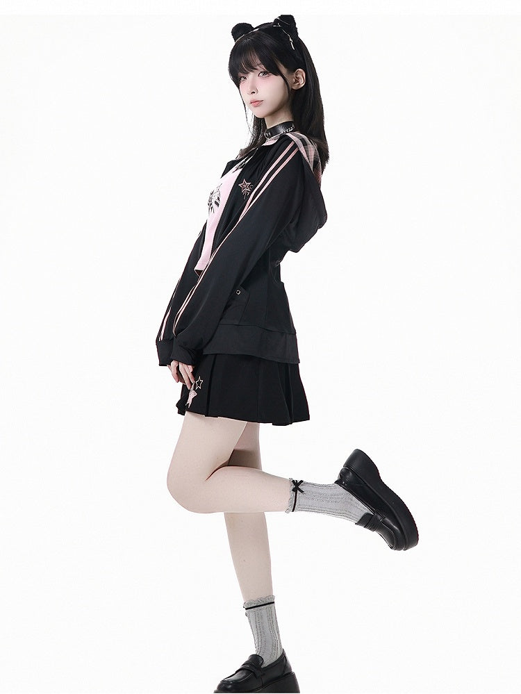 Pink Plaid Buckle Straps Star Applique Black Box Pleat Skirt