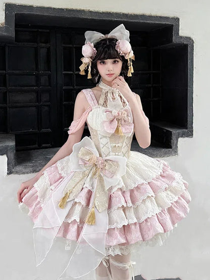 Hals Baskenkleid Taille Rosa Rock Halter Tiered Qi Abnehmbare Lolita