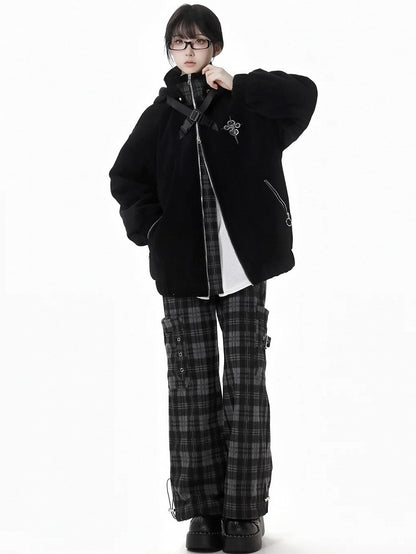 Black Cargo Pockets Plaid Pants