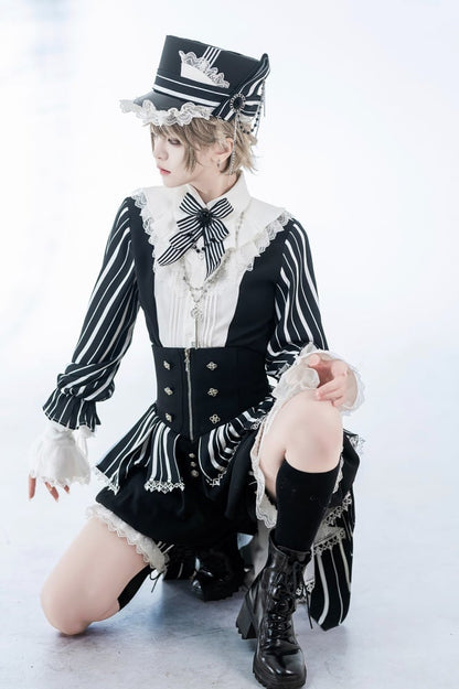 Black and White Ouji Lolita Circus Magician Vibes Striped Long Sleeves Shirt