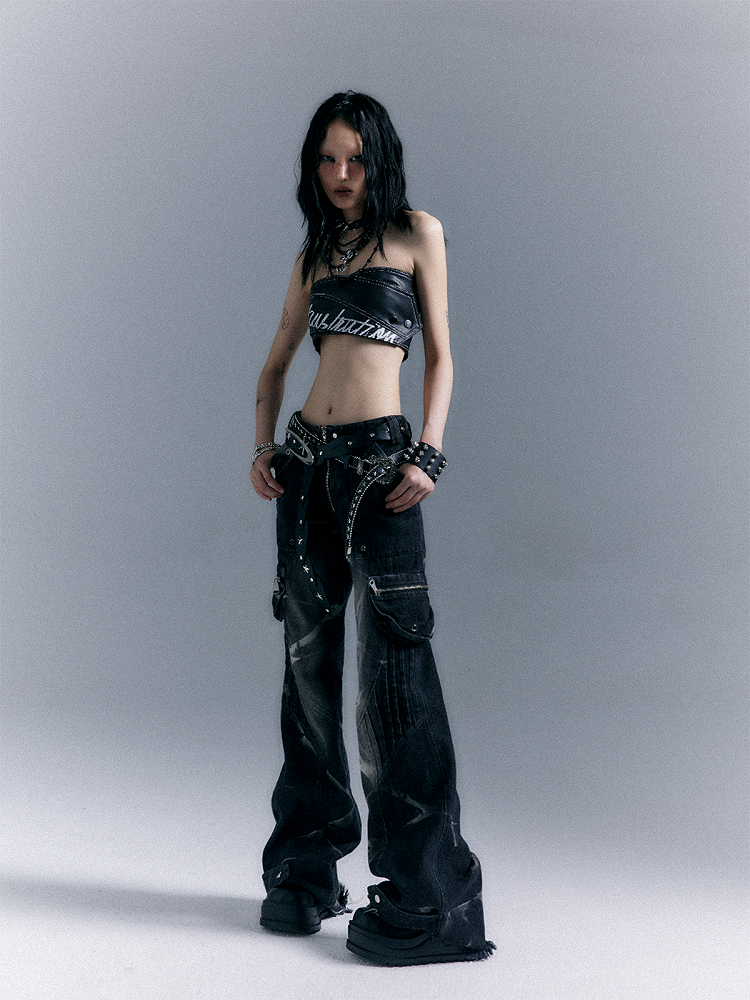 Washed Zippered Flare Black-Grey Studs Jeans Pockets Punk With