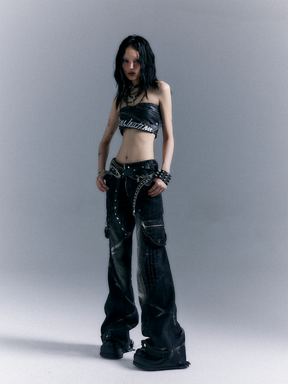 Washed Zippered Flare Black-Grey Studs Jeans Pockets Punk With