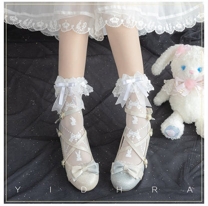 Black White  Bunny Bear Print Sweet Lolita Socks