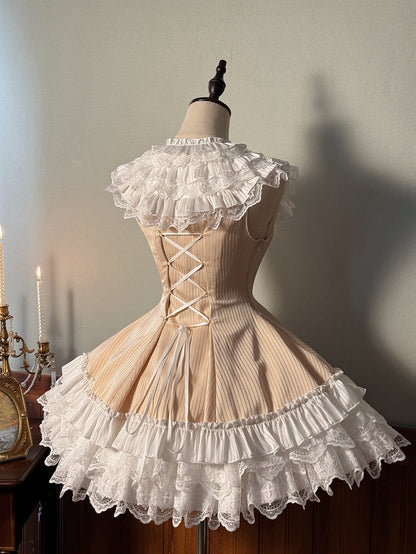 Lolita Fabric Champagne Layered Neck Ruffle Striped Dress Fit Slim Sweet Waist Sleeveless