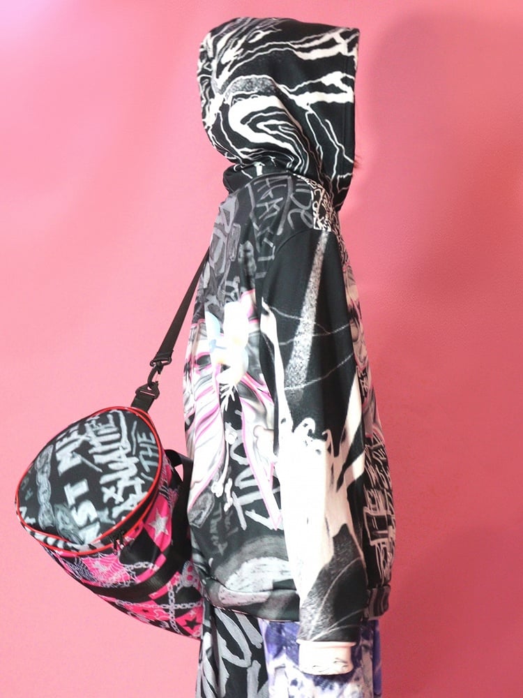 Closure Print Black Zip Letter Hoodie Pattern Bone Big Bow Gyaru Fashion