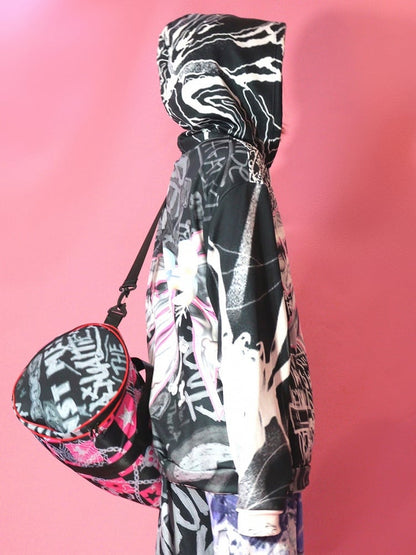Closure Print Black Zip Letter Hoodie Pattern Bone Big Bow Gyaru Fashion