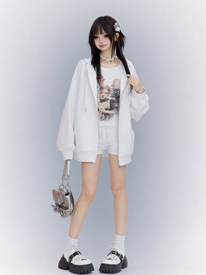 Sports Hoodie White Zip Closure Loose