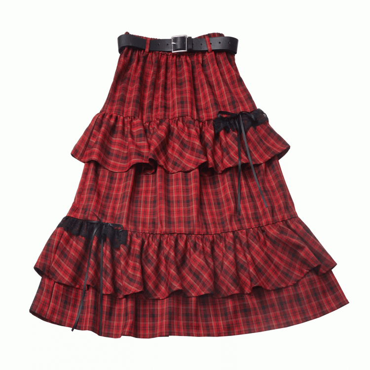 Red Plaid Bowknot Tiered Skirt with Buckle Belt Details