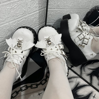 Y2K Matte White Punk Stud Buckle Strap Bat Wings Platform Shoes