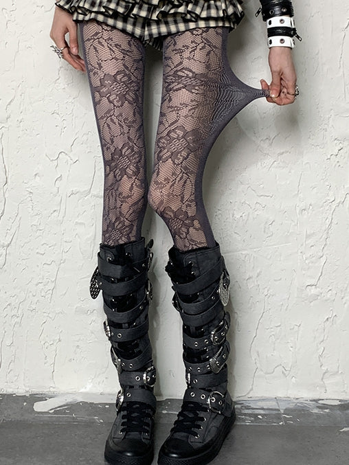 Pattern Lace Floral Dark Tights Purple