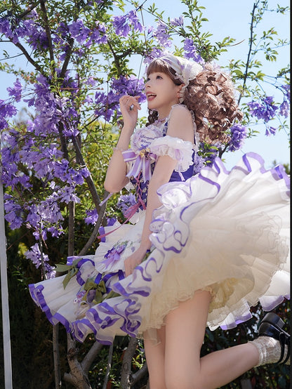 Outfit Bavaria - White Purple Octoberfest Corset Set Grape Embroidery Apron Skirt + Tiered Style Full Lolita Top