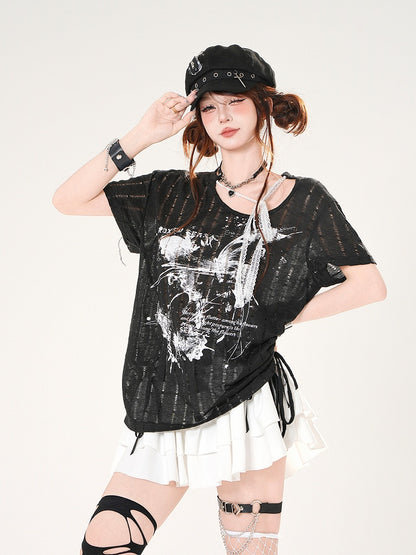 T-Shirt mit Schmetterlingsdruck, schwarz/weißen Trägern und Löchern im Used-Look, selbstbindender Ausschnitt